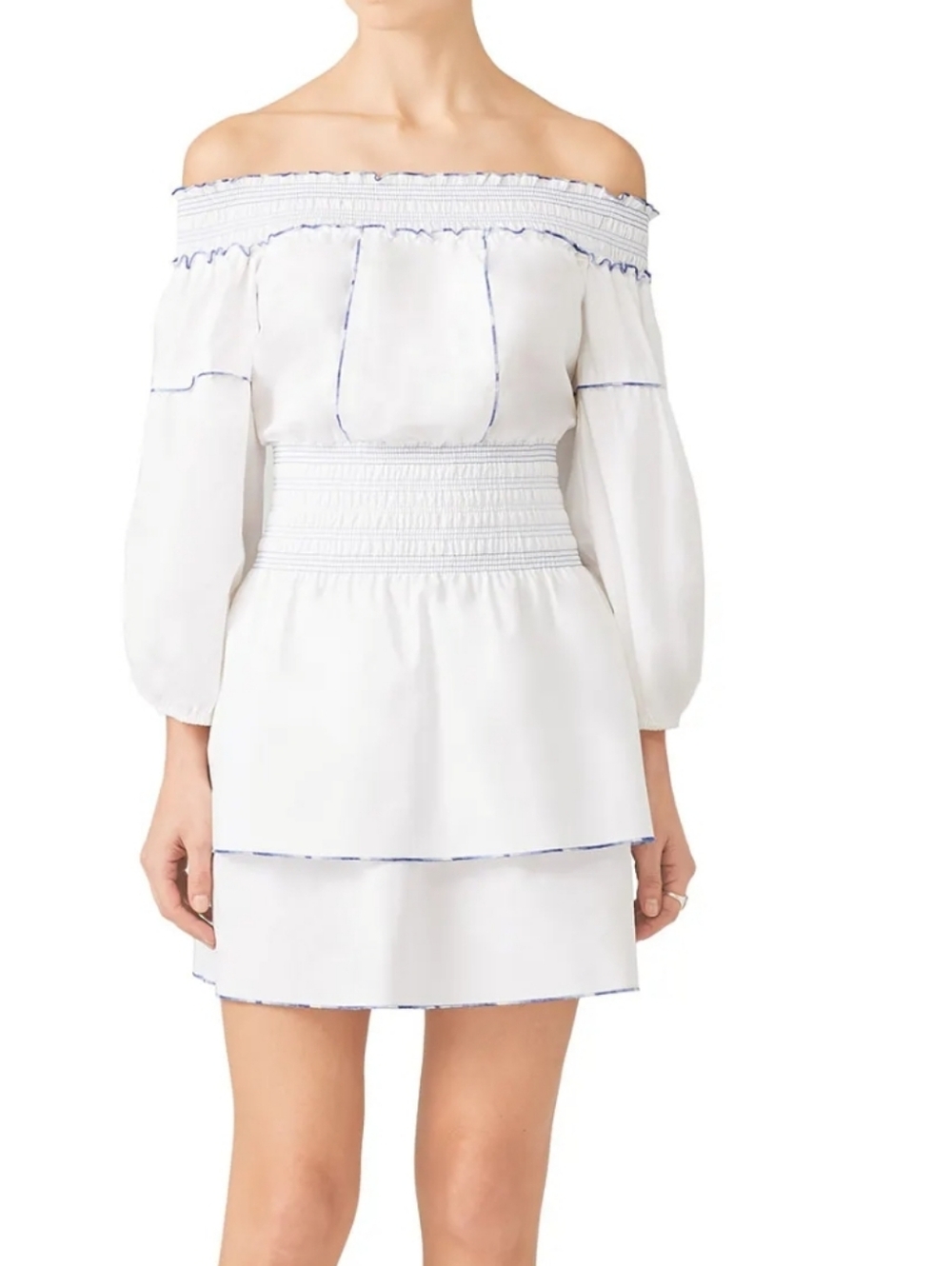 Parker Kara Mini Dress Smocked Waist Size M Off the Shoulders White Tiered Crisp